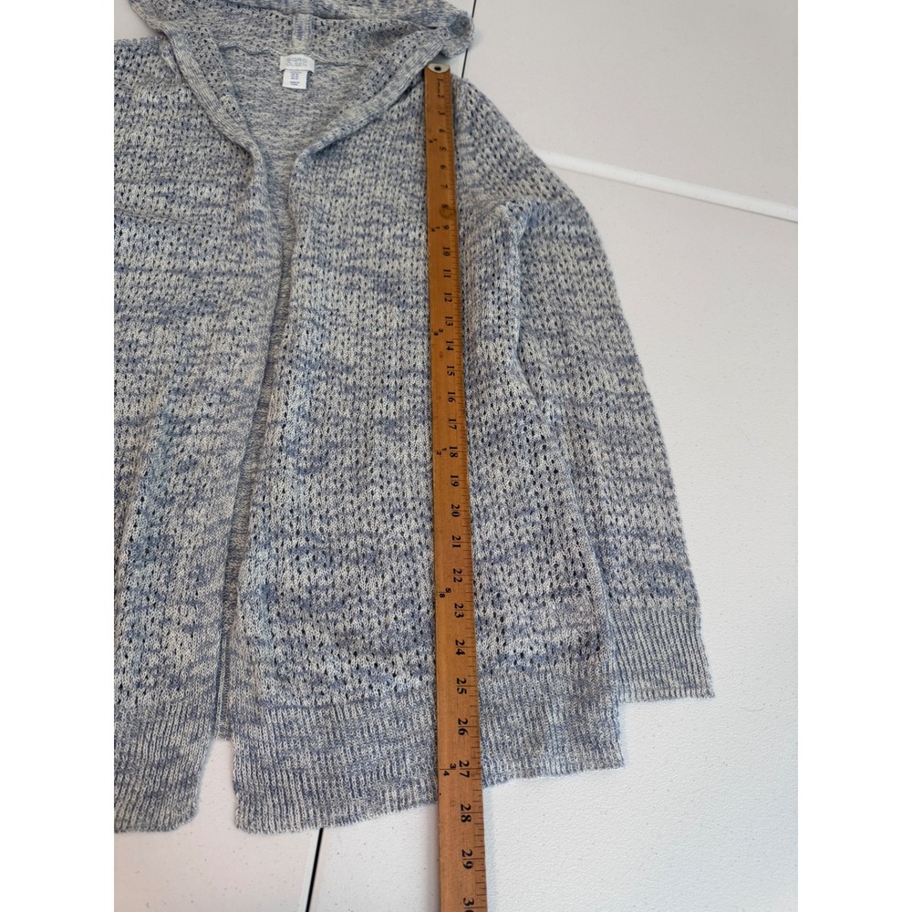 Sigrid Olsen Blue White Linen Blend Pointelle Knit Hooded Open Cardigan XL ff - Picture 2 of 6